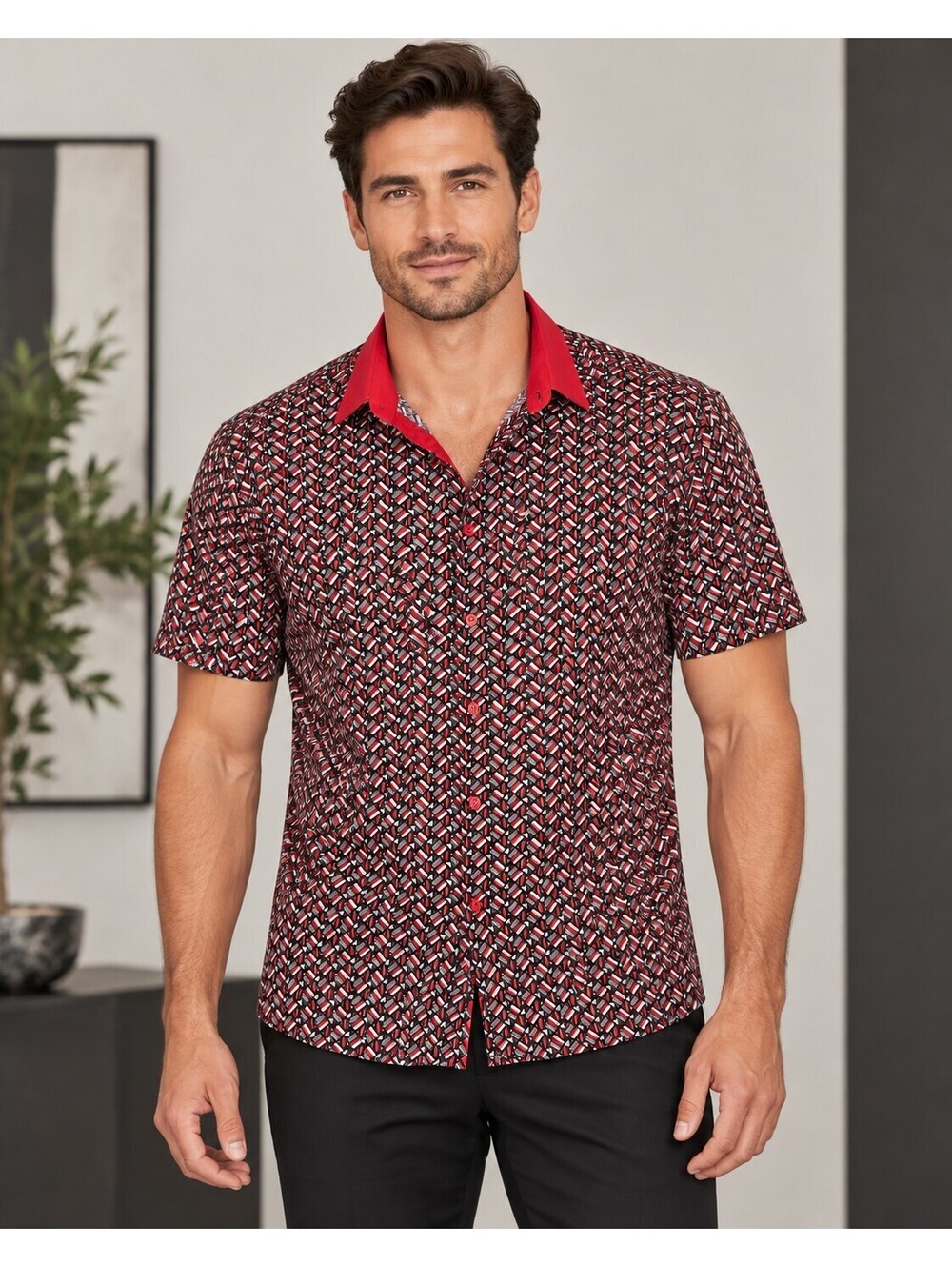 Suslo Couture Men’s Geo Print Performance Shirt Size L Red Black Short Sleeve